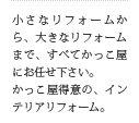 小さなリフォームから、大きなリフォームまで、すべてかっこ屋にお任せ下さい。かっこ屋得意の、インテリアリフォーム。あなたがお考えのリフォームを私達プロにご相談下さい。